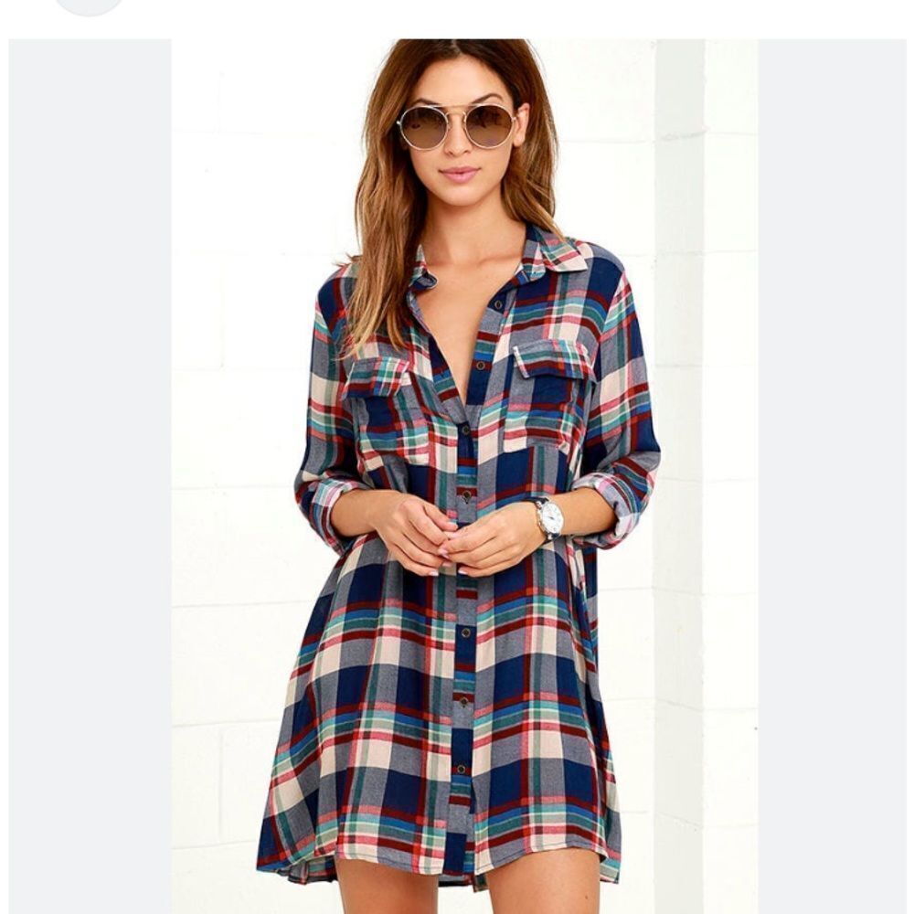 Lulus Fireside by Side Red and Navy Blue Plaid Long Sleeve Shirt Dress Sz XS New